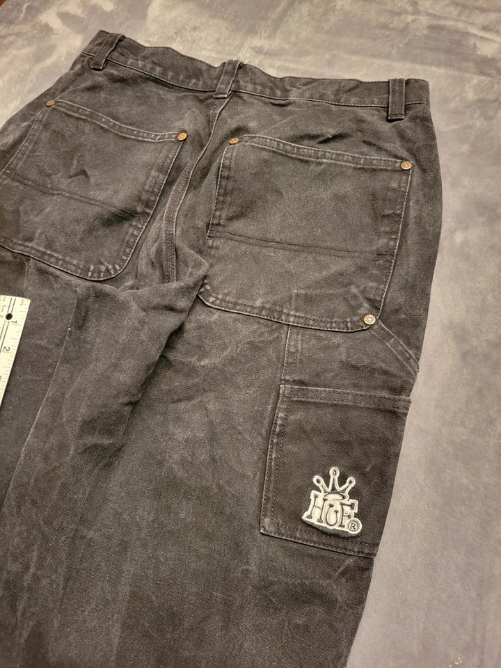 Pantalones Cortos Huf Doble Rodilla Hombres 28 Negro Y2K Corona King Sueltos Anchos Sueltos Rap Skate Foto 3 de 4