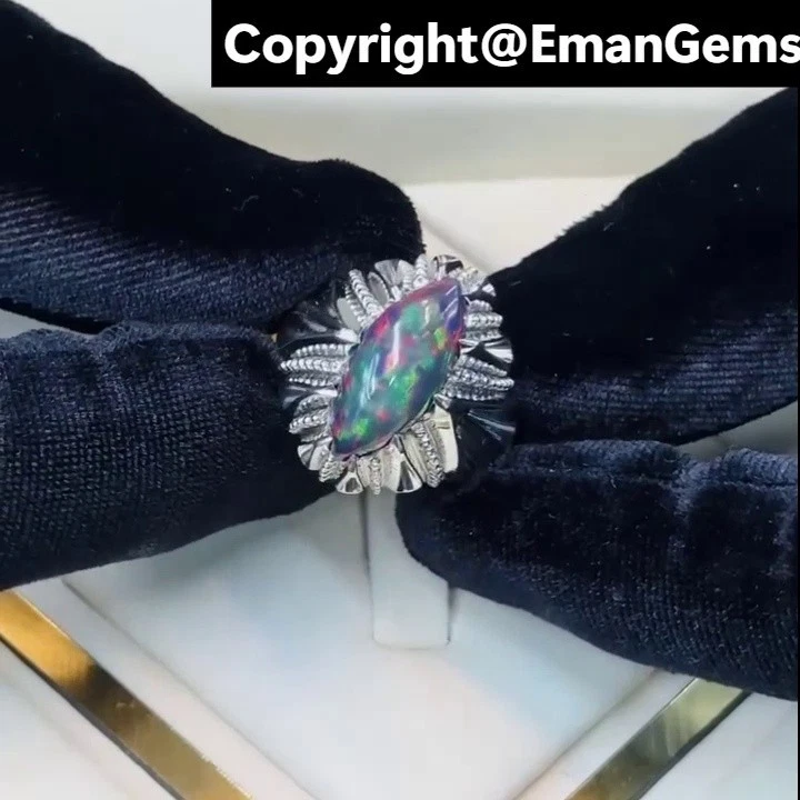 Hermoso anillo de plata de ley 925 de ópalo negro fuego etíope regalo de Navidad Foto 3 de 4