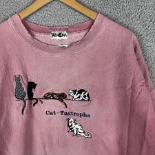 Vintage Grandma Cat Sweatshirt Mens 2XL Pink Cat-Tastrophe Embroidered Fleece