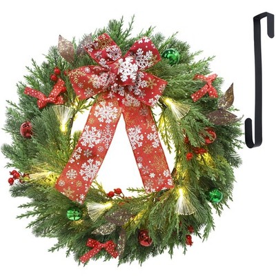 DR.DUDU Christmas Wreath Decorations for Door with Lights, 20 Inch Pre-Lit Batte