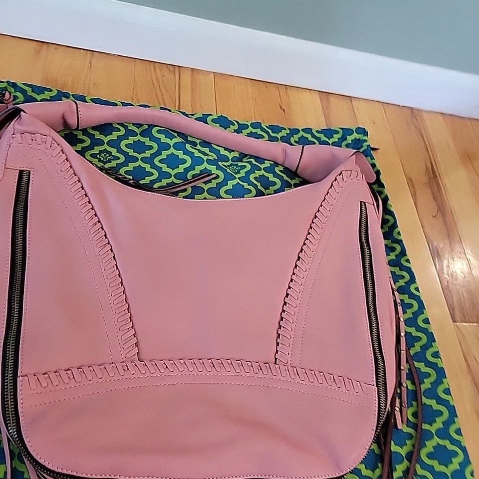 Oryany Dust Pink Leather Hobo Shoulder Bag Boho Slouchy Braided Strap Fringe - Image 2 of 4