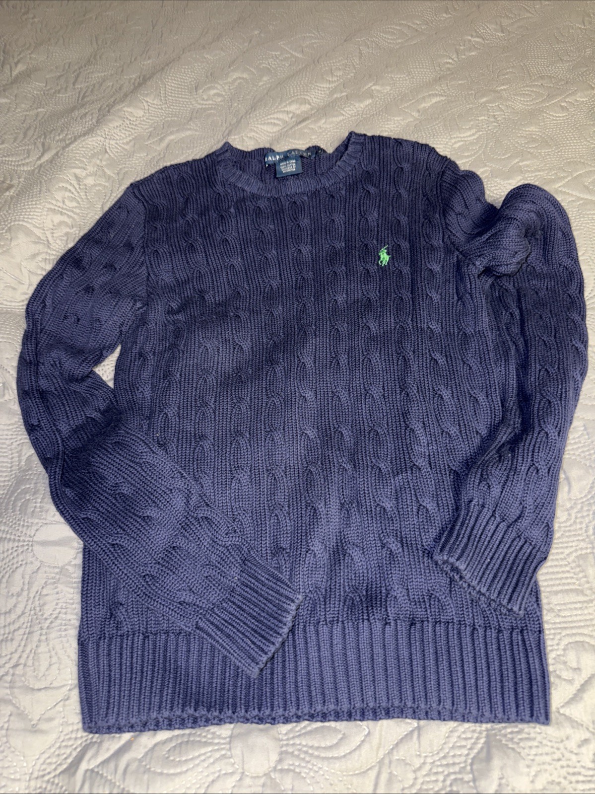 VTG Polo Ralph Lauren Women Size Medium Cotton Cable Knit Sweater Crewneck Blue