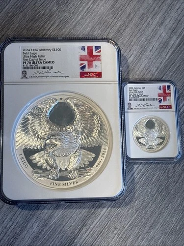 Only 100 Minted-2024-Alderney Bald Eagle- Kilo- NGC- PF70UC- UHR-FDOI-Jody Clark