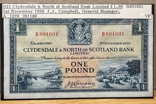 Clydesdale & North of Scotland Bank 1950 One Pound £1 Note Campbell (TC112)