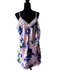 Oscar De La Renta Pink Floral Satin Lace Trim Chemise Slip Nightgown Womens 1X