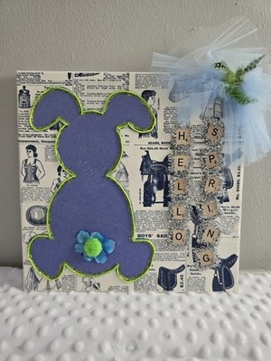 Hello Spring Handcrafted 12'' Sign Canvas Wall Art Easter Kitschy Mixed Media 
