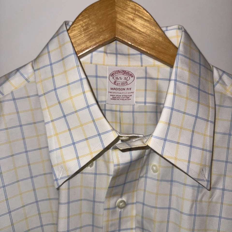 Brooks Brothers Madison Dress Shirt 16 1/2 x 32 Yellow  Plaid Non-Iron Supima - Image 3 of 4