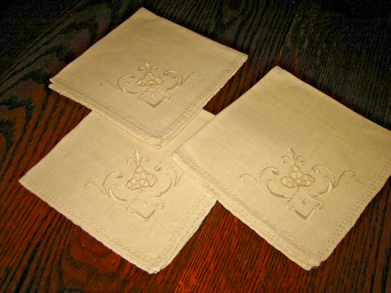 Set of 3 Vtg Embroidered Linen Napkins 10.5 sq.