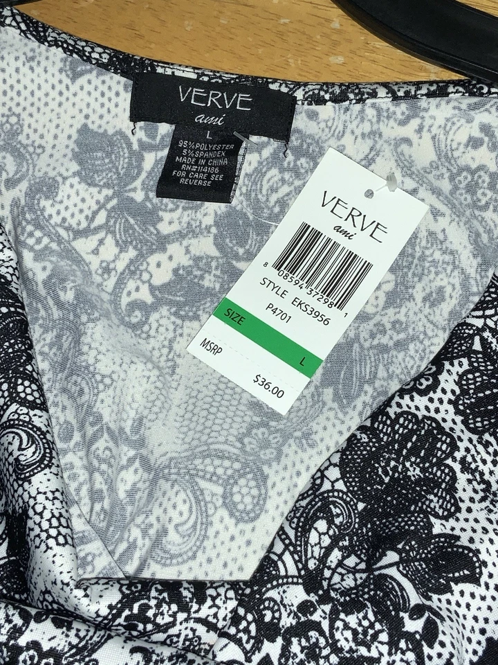 New Verve Ami Elbow Sleeve Stretch Cowl Neck Blouse Top L Black White Floral NWT - Image 3 of 4
