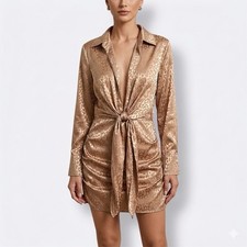 SHEIN Gold Satin Leopard-Print Tie-Front Mini Dress - S