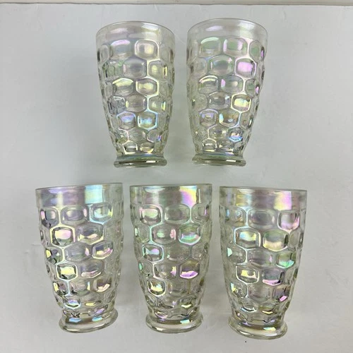 Set of 5 Iridescent Tumblers Federal Colonial Glass Thumbprint Footed Vintage