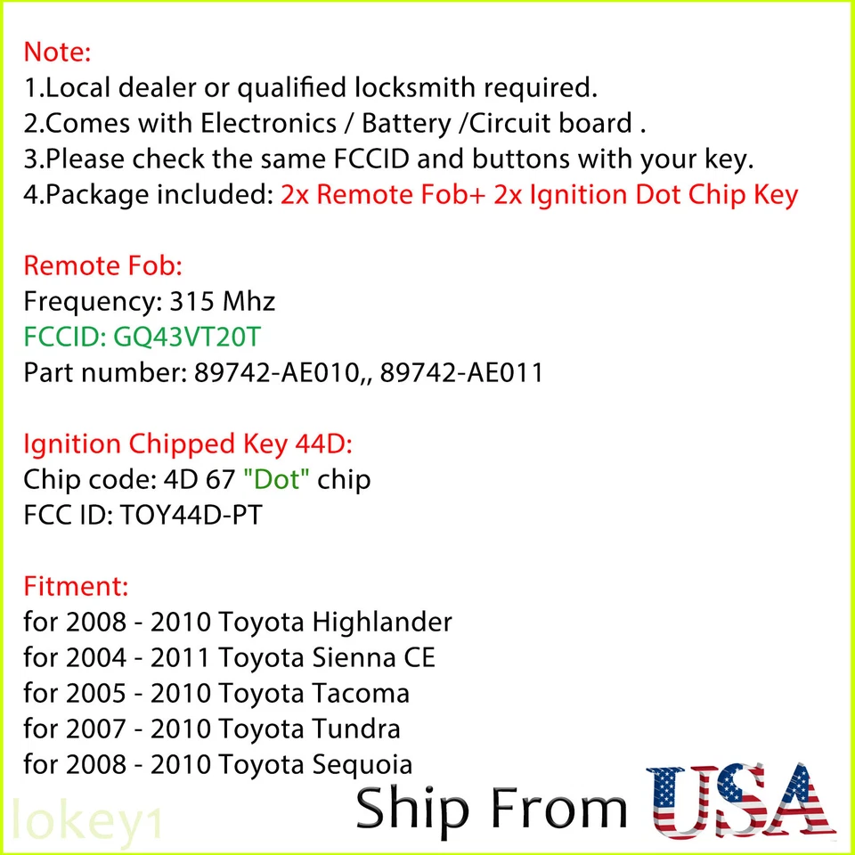 2 for 2005 2006 2007 2008 2009 2010 Toyota Tacoma 3B Remote Fob + Dot Chip Key - Image 2 of 4