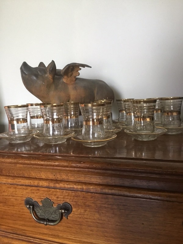 Vintage (NEW) Customary Gold Rim Clear Glass Arabic Tea Cups /Saucers Set Of 12