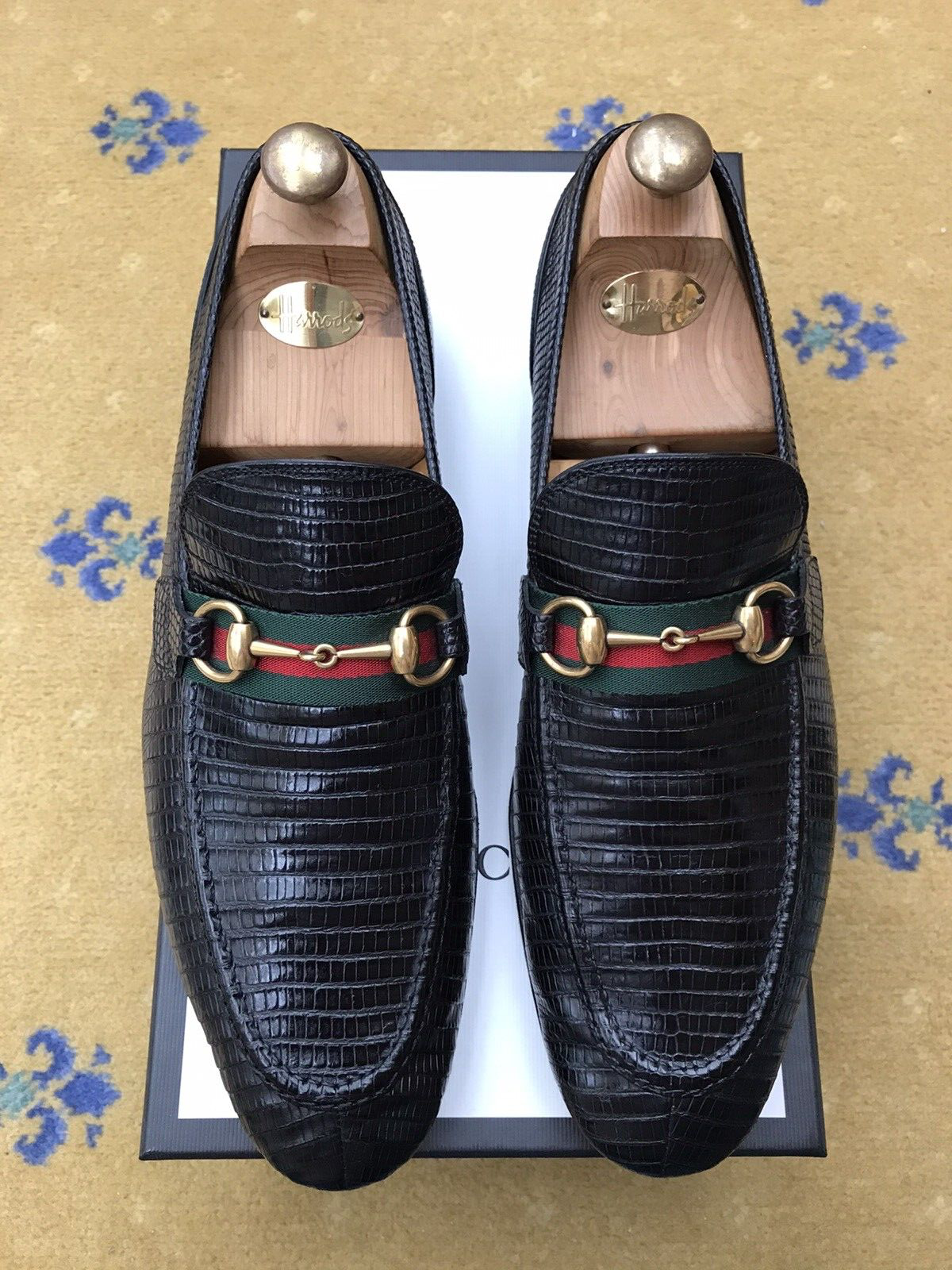 Gucci Loafers Lizard Jordaan Shoes Black Web Horsebit Buckle Mens UK 11 US 12 45