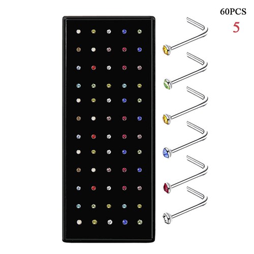 60PCS/Set Crystal Nose Stud Bend Straight L Shape Nose Ring Piercing Jewelry - Picture 4 of 17