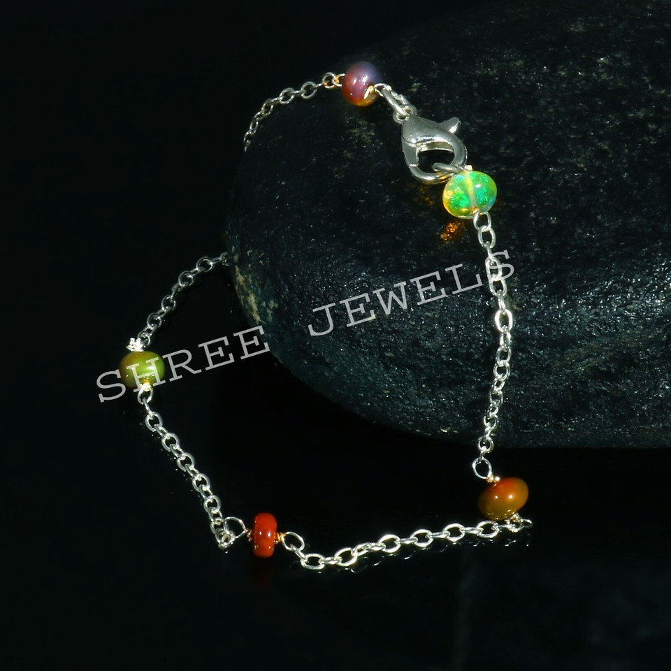 925 Sterling Silver Natural Ethiopian Opal Smooth Beads Bracelet