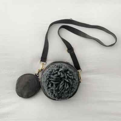 TSD12 Suede Leather Pompom Circle Crossbody Bag in Grey Retail $373