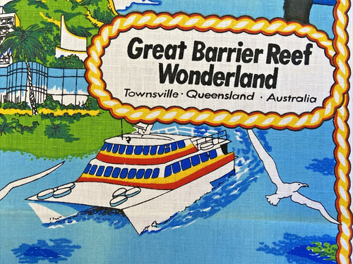 Vintage Handprinted Tea Towel w Great Barrier Reef Wonderland Townsville Pattern - Picture 5 of 15