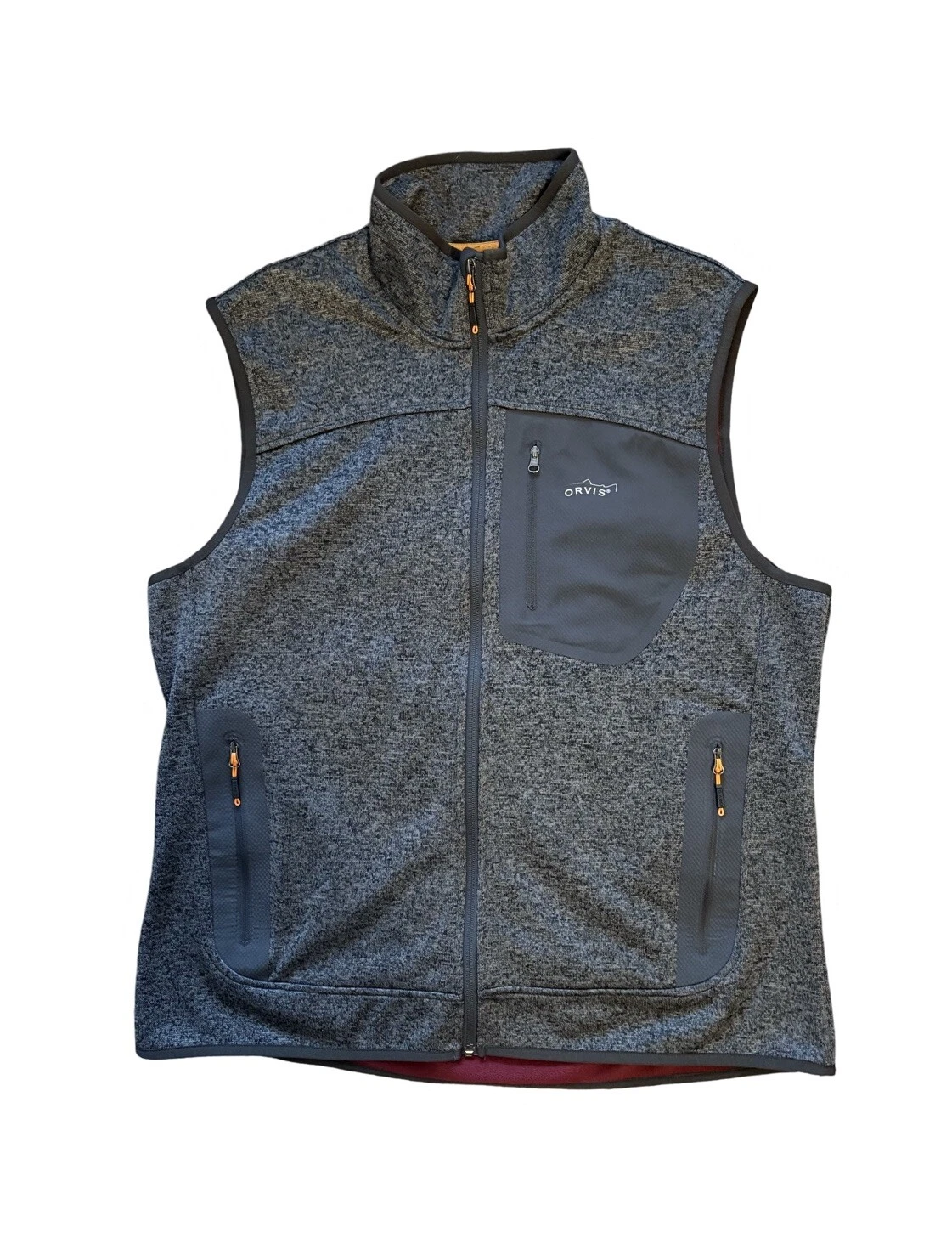 Orvis Fleece Sweater Vest Sleeveless Gray Red Full Zip Men’s Size Large