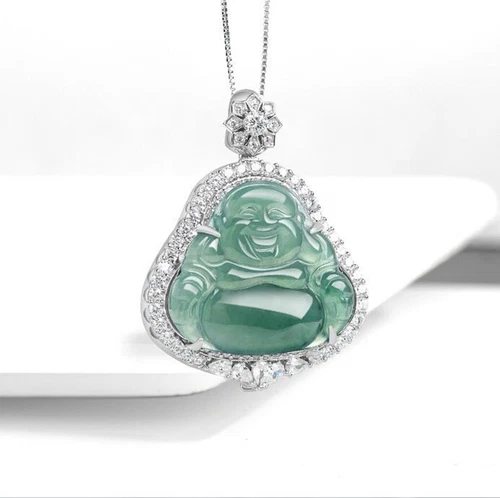 Zertifizierter grüner natürlicher Burma A Jade Jadeit 925 Silber Buddha Anhänger AAA - Bild 7 von 10
