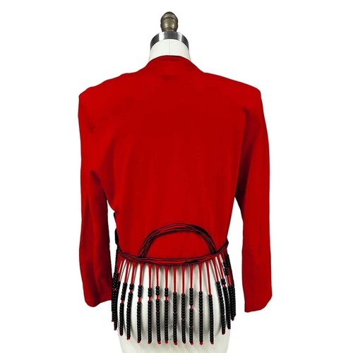 80s Mob Wife VTG Nooshin Red Cotton Jacket Black Beaded Fringe Sz S - Picture 5 of 6