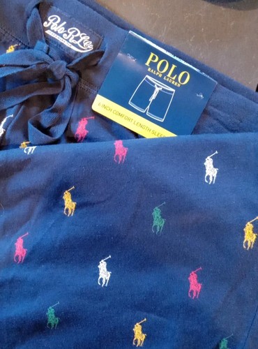Polo Ralph Lauren Mens S Jersey Knit Sleep Shorts Navy Blue Multi Allover Pony