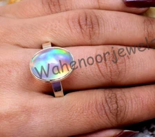Aurora Opal 925 Sterling Silver Adjustable Ring Oval  Beautiful Women Ring