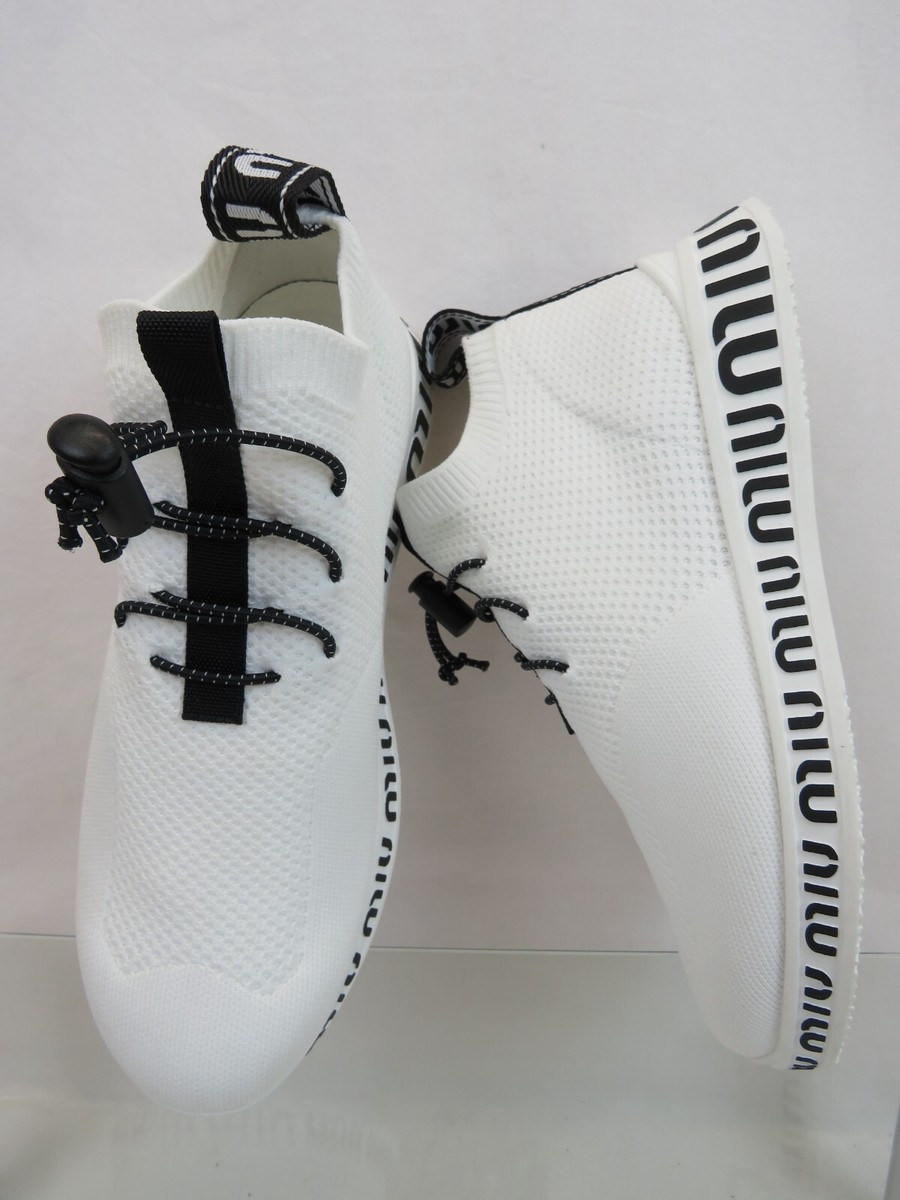 NIB MIU MIU PRADA 5E088D WHITE KNIT MESH BLACK LOGO BUNGEE