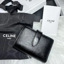 CELINE Black Leather Tri-Fold Compact Mini Wallet with Strap Closure unisex