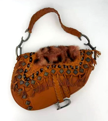 Christian Dior vintage プリーツバックフレアショートジャケ Christian Dior 2006 Galliano Saddle Bag Fringe Studs Camel Limited