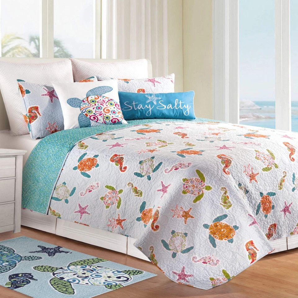 St. Kitts King 3 Piece Cotton Bed Quilt Set Coastal Beach Theme Sea Life Turt... - Image 2 of 4