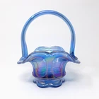 FENTON Art Glass Vintage Blue Iridescent Ruffled Rim Basket