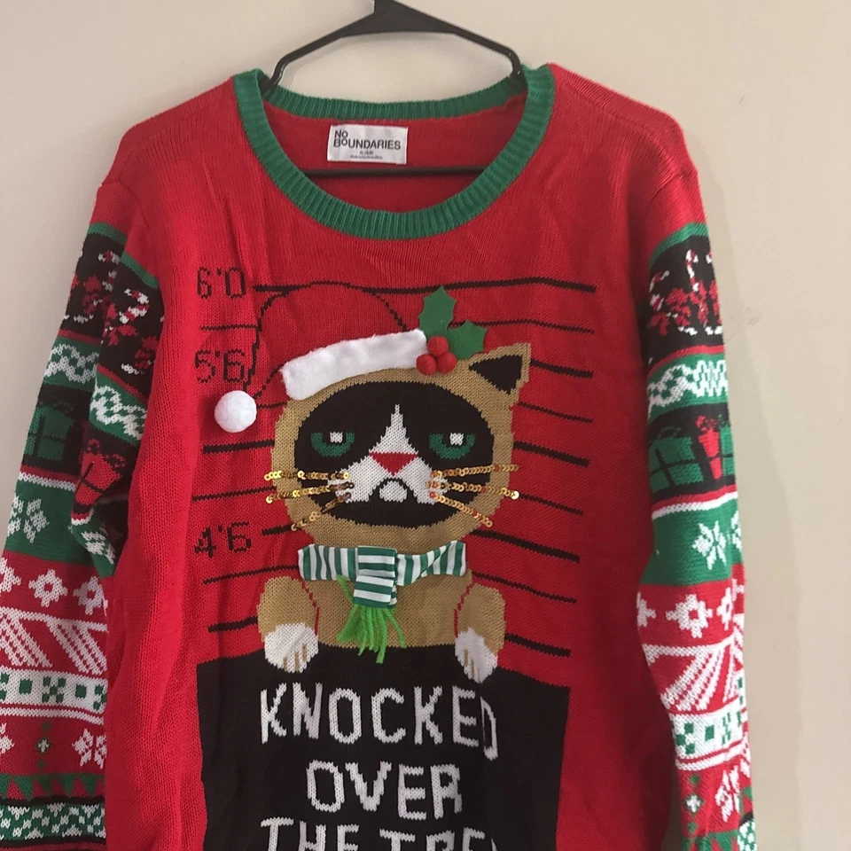 Grumpy Cat уродливый Рождественский свитер мужской красный "Knocked Over The Tree" праздник весело - Изображение 3 из 4
