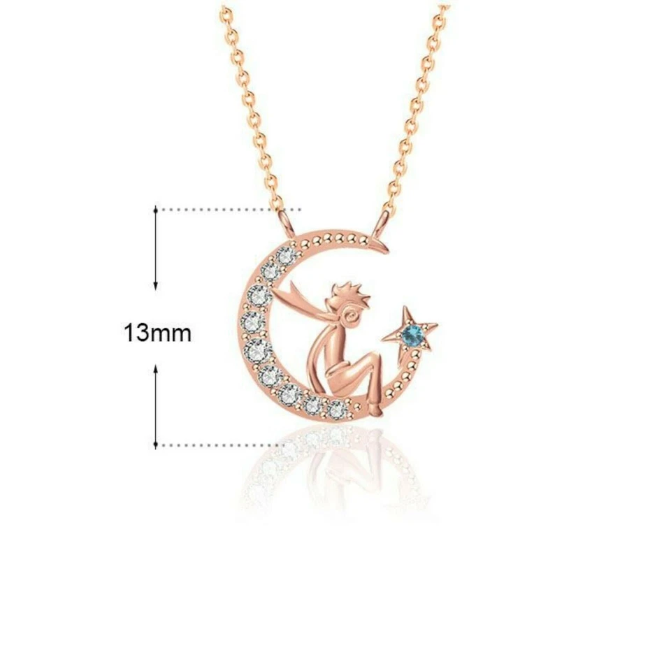 Collana Piccolo Principe Argento 925 - Ciondolo Stella Mezzaluna Regalo per... - Immagine 2 di 4