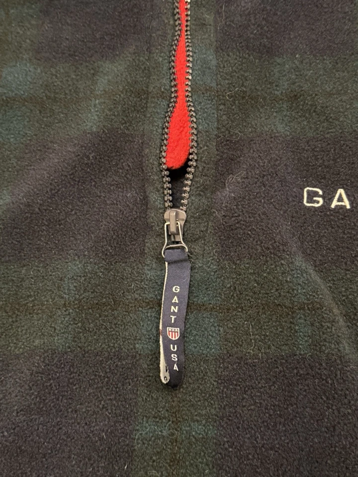 复古 GANT 美国海军绿色格子 1/4 拉链地毯羊毛运动衫男式 L 码 — 第 2/4 张图片