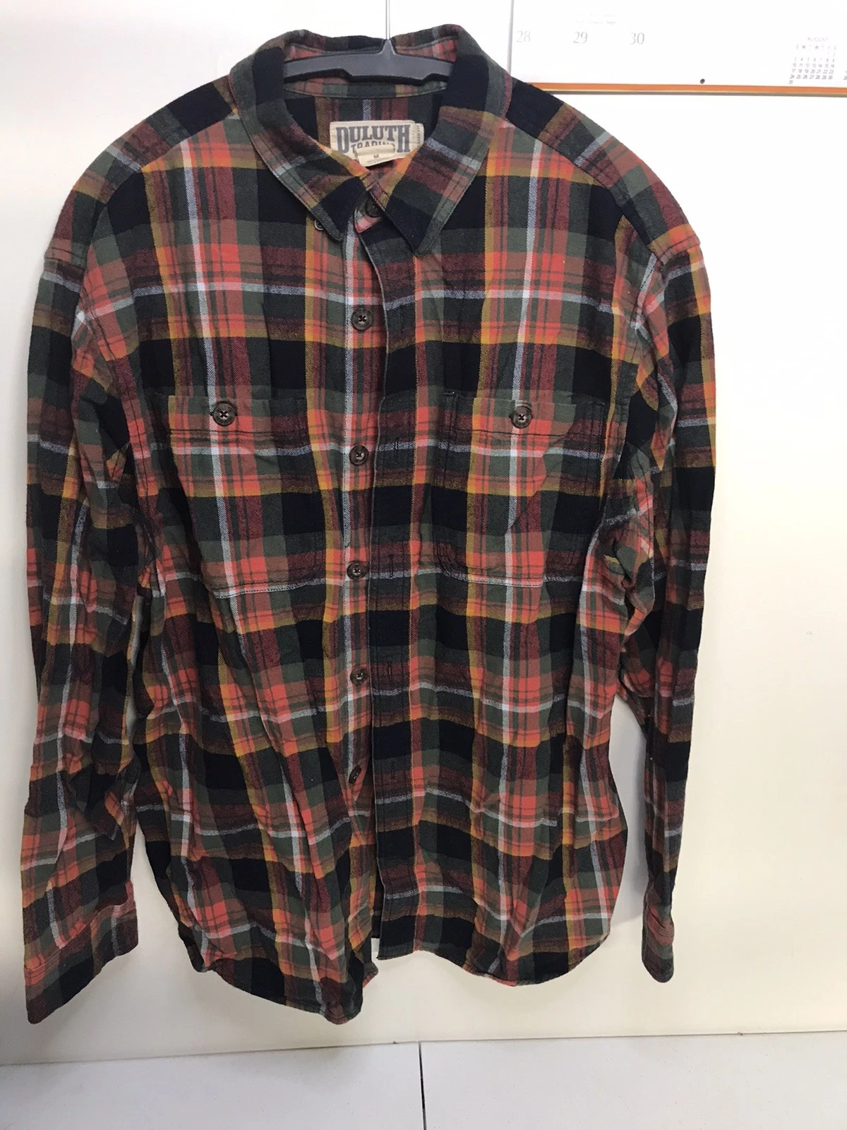 Duluth Trading Men’s Medium Cotton Flannel Shirt Orange Green Plaid Long Sleeve