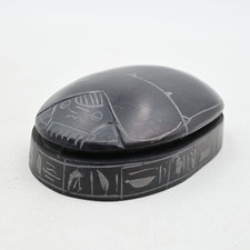 Scarab Beetle Paperweight Egyptian Carved Hieroglyphics Black - Vintage