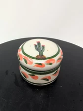 Mexican Tonala Pottery Round Covered Trinket Dish Green Cactus Hand Painted S.G