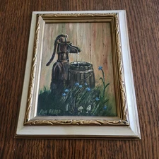 Vintage Small Oil Painting Water Pump Signed Ann Reber Framed Art