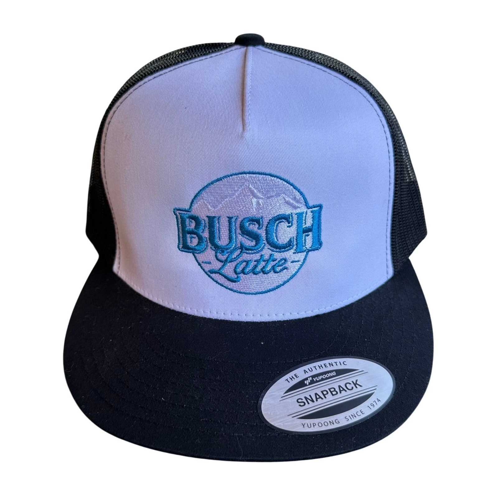 Bush Latte Trucker Snap Back Hat Beer Logo Flat Bill 5 Panel Yupoong Mesh Cap