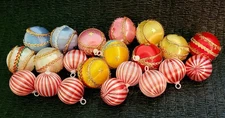 21 Vintage Fancy Feather Tree Christmas Ornaments Spun Satin Mini Balls w/Stripe