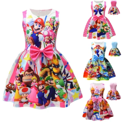 Kids Girls Fancy Dress for Super Mario Princess Peach Costume Party Dresses NEW