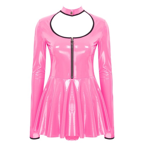 Women's Leather Dress Mini Mock Neck Hollow Out Short Pleated Clubwear Party - Picture 28 of 46