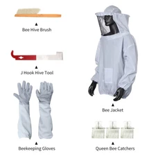 8PCS Beekeeper Suit Bee Jacket Smock Veil Gloves Bee Hive Brush J Hook Clips Set