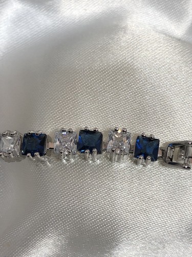 Sterling Silver Blue Lab-Created Sapphire White Topaz Tennis Bracelet - Picture 2 of 12