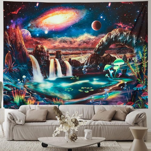 Blacklight Galaxy Tapestry Trippy Planet Tapestry UV Reactive Waterfall Landscap - Picture 7 of 11