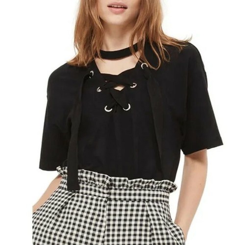 NWT Topshop lace up choker tunic top tee black 4-6 small urban casual comfort - Imagen 3 de 6