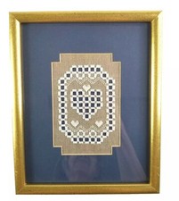 Vintage Heart Needle Work Framed Matted Blue 8 X 10" Scandinavian Cottage