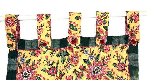Vintage Pair Yellow with Red & Green Flowers Cotton Lined Drapes w/ Button Loops - Picture 5 of 8