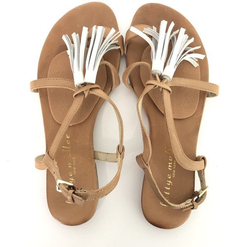 Bettye Muller Sasha Tan White Leather Tassel Flat Sandals Size 7.5